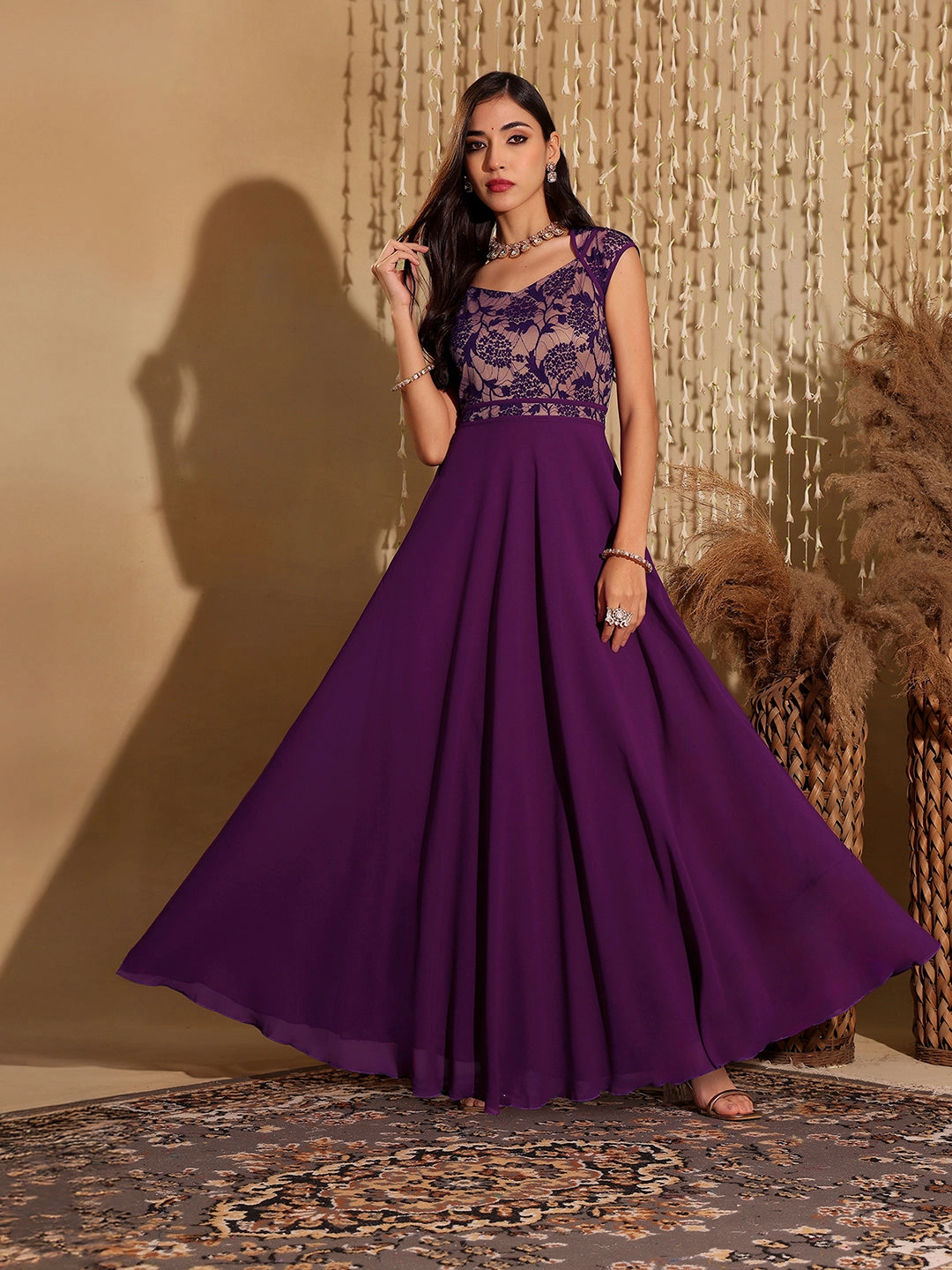 Women's Dark Purple Sweet-Heart Neck Cap-Sleeve Floral Fit & Flare Georgette Maxi Dress Relaxed Waistband