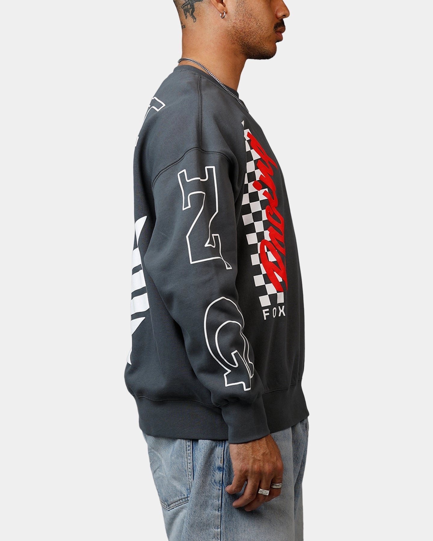 Fox Racing Honda Oversized Fleece Crewneck Dark Grey Ergonomic Shoulder Shape WaffleWeave