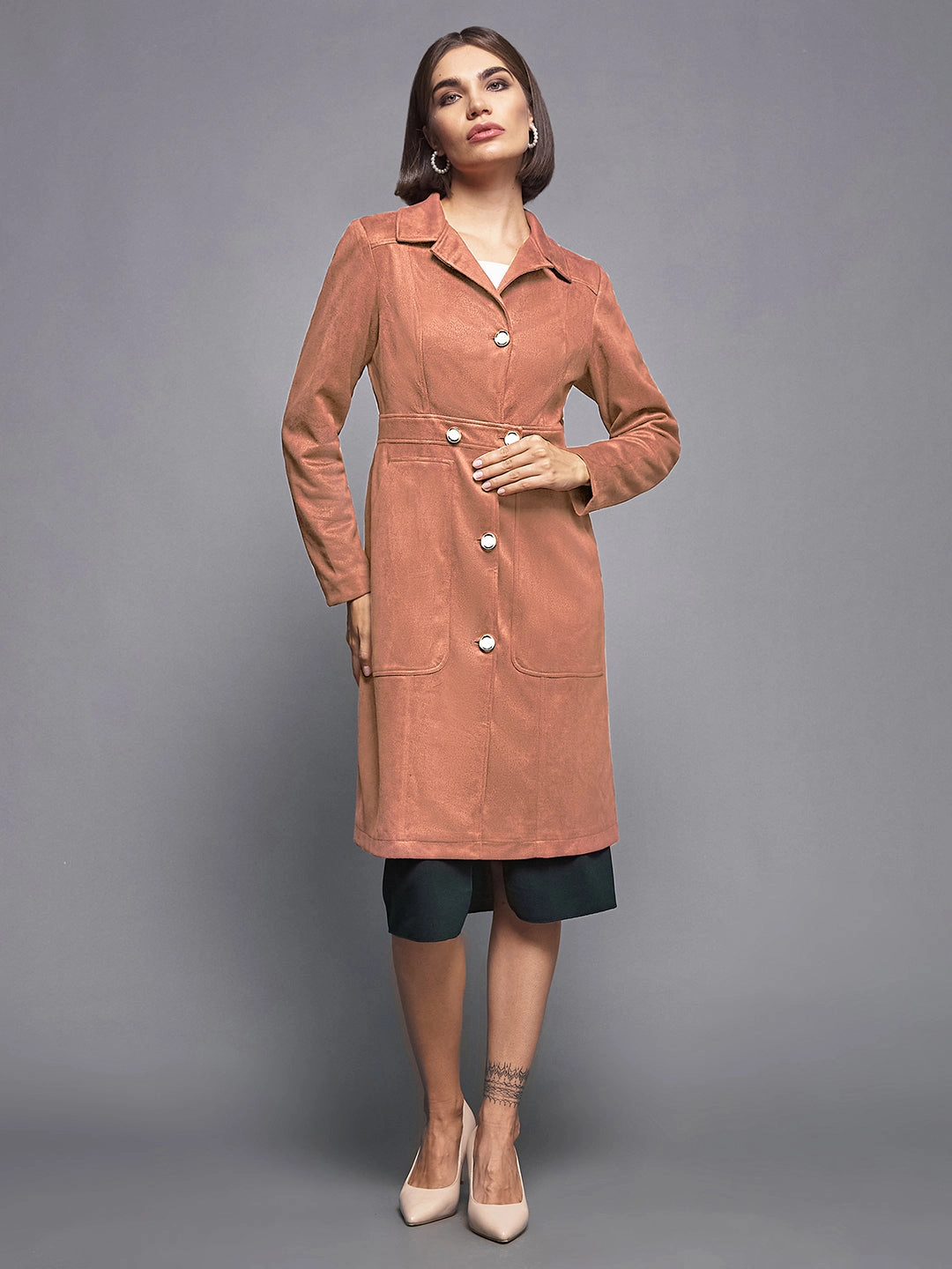 Women's Dusty Peach Shirt-Collar Full Sleeves Solid Button-down Longline Polyester Blazer Jacket Elastic Binding Velcro Fasten