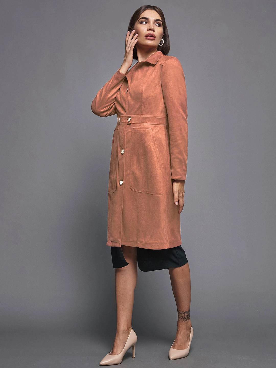 Plaid Design Women's Dusty Peach Shirt-Collar Full Sleeves Solid Button-down Longline Polyester Blazer Jacket