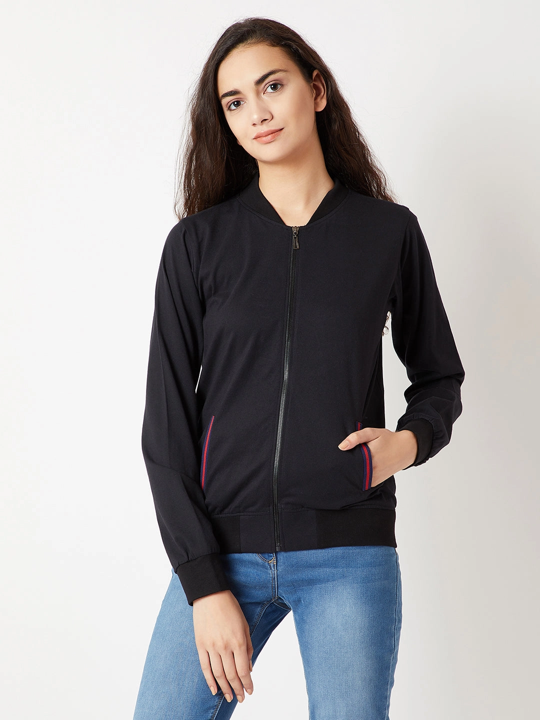 Women's Black Round Neck Full Sleeve Cotton Solid Multicolored Twill Tape Detailing Bomber Jacket Casual Trend Softshell Technology
