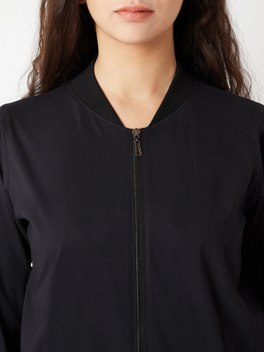 High Visibility Trim Women's Black Round Neck Full Sleeve Cotton Solid Multicolored Twill Tape Detailing Bomber Jacket