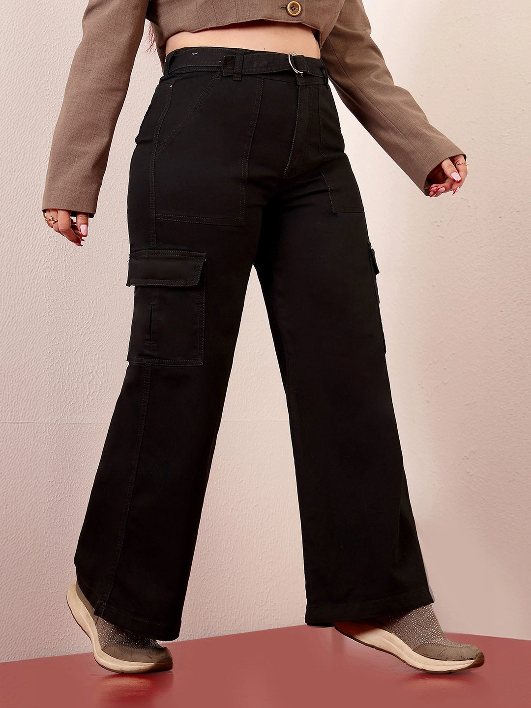 Women's Black Wide-Leg High-Rise Clean-Look Stretchable Denim Jeans Youth Style Weekend Style Rainy Day