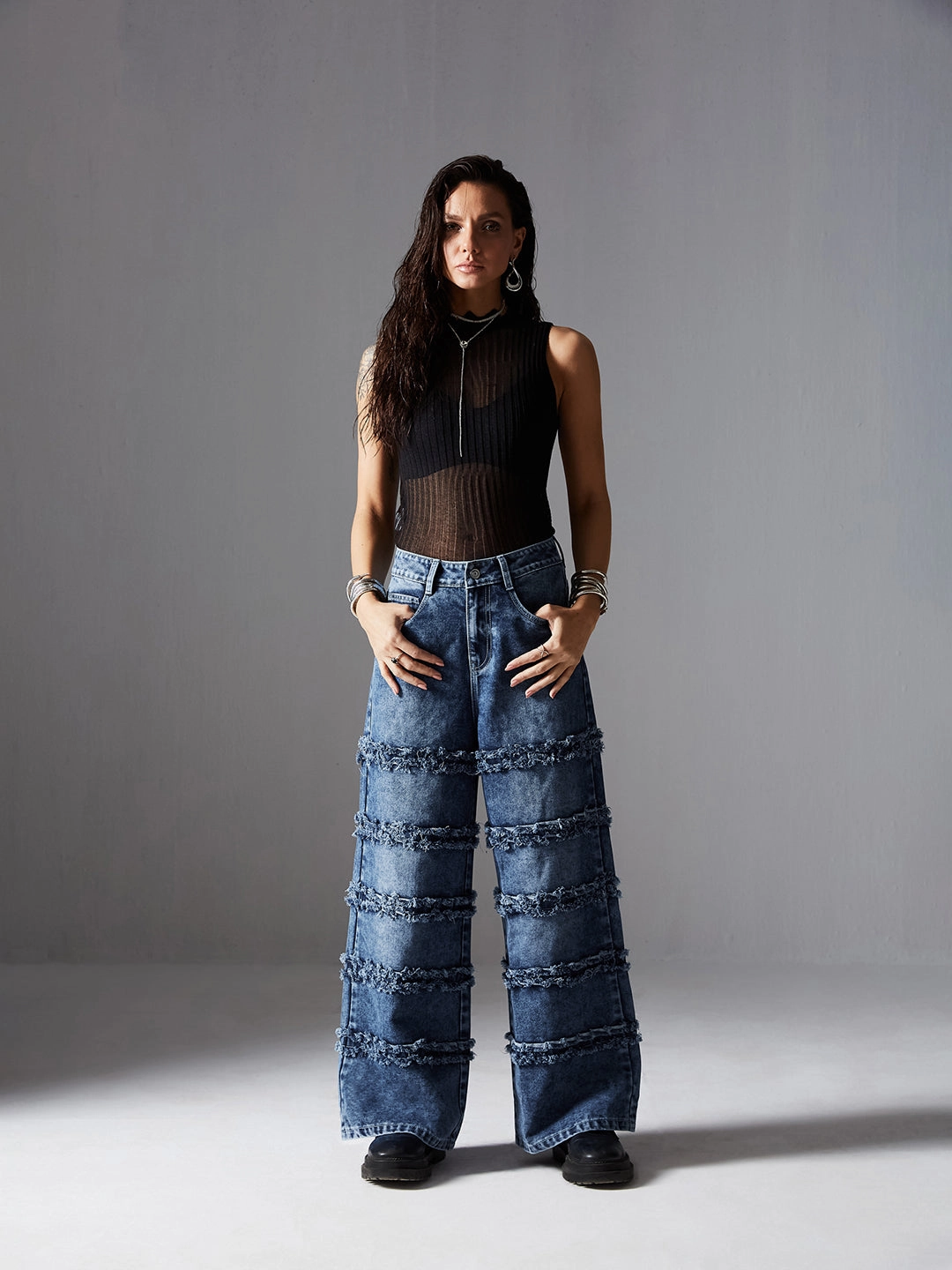 Modern Casual Women's Navy-Blue Wide-Leg High-Rise Highly-Distressed Regular-Length Denim Jeans