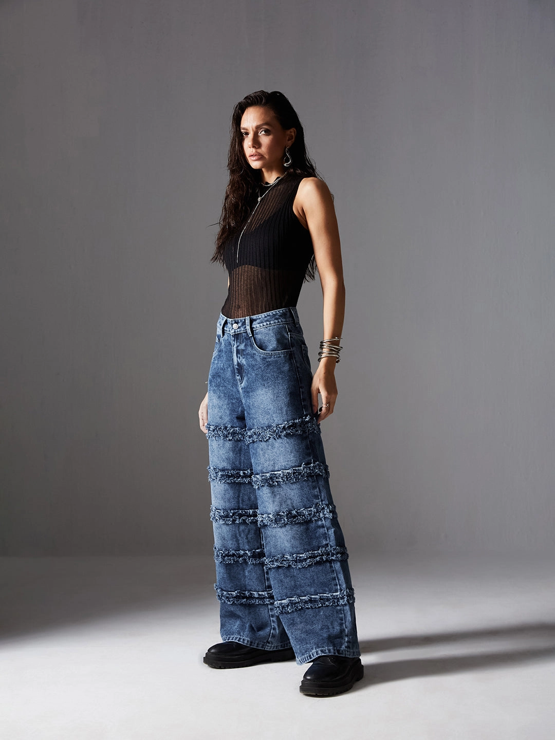 Chic Fit Women's Navy-Blue Wide-Leg High-Rise Highly-Distressed Regular-Length Denim Jeans