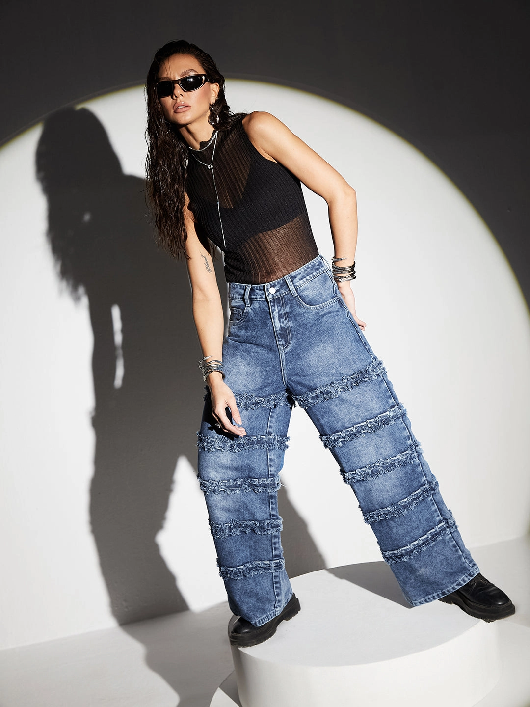 Comfort Wear Women's Navy-Blue Wide-Leg High-Rise Highly-Distressed Regular-Length Denim Jeans