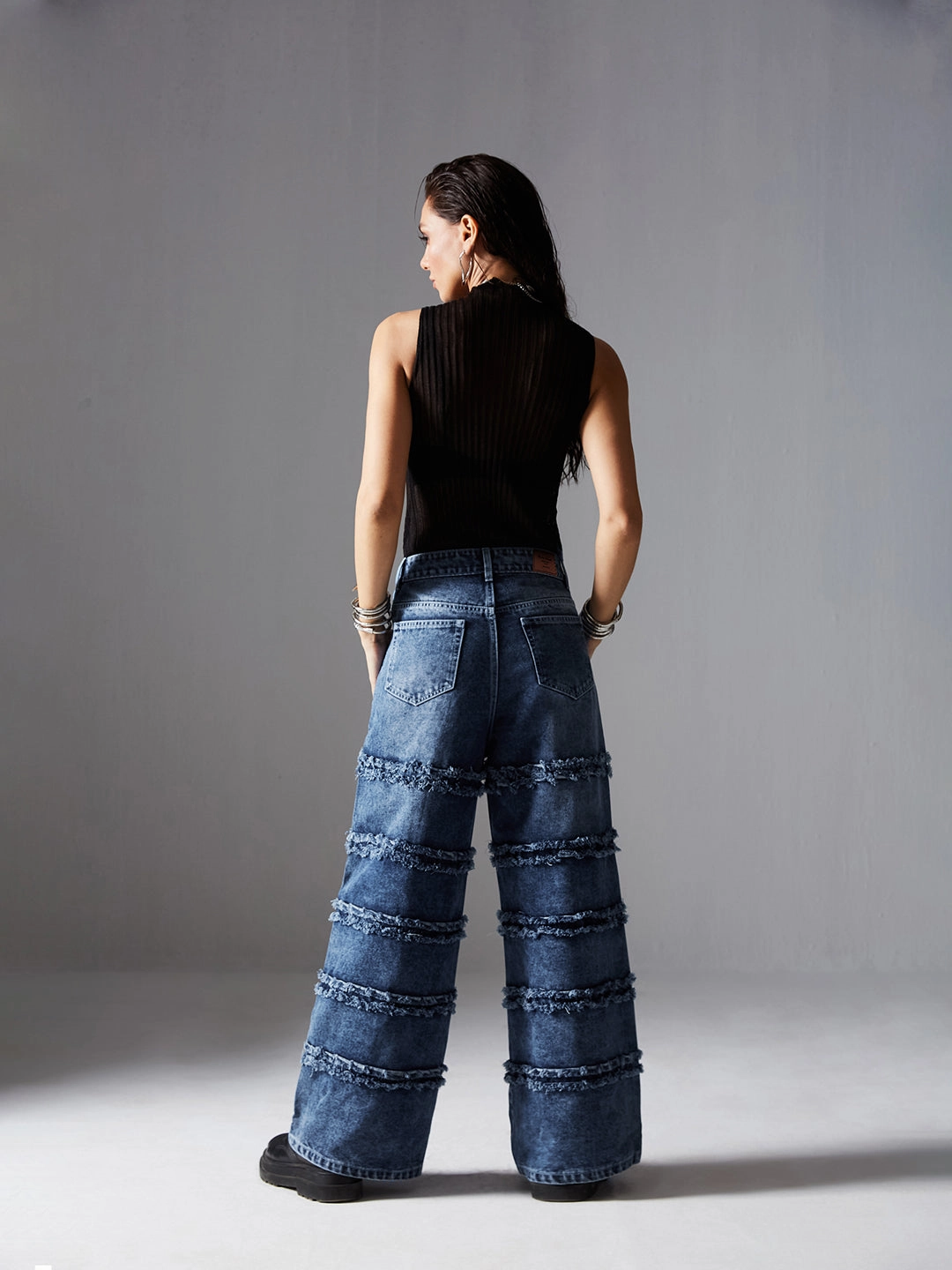 Functional Waistband Street Routine Women's Navy-Blue Wide-Leg High-Rise Highly-Distressed Regular-Length Denim Jeans