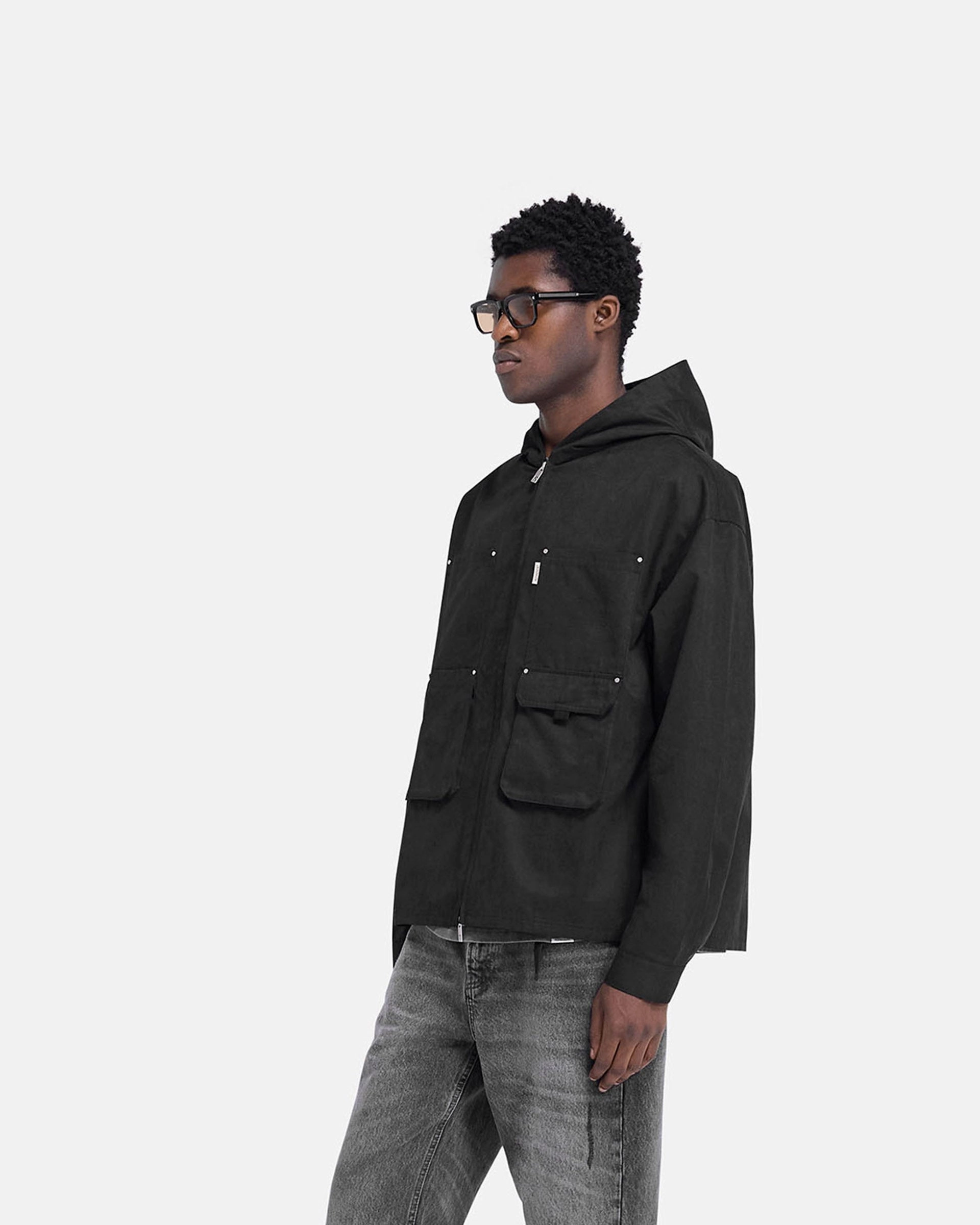 tall size Utility Hooded Shirt - Jet Black