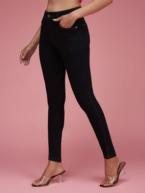 Luxury Textured 24/7 Comfort Black Skinny High-Rise Side-Slit Solid Ankle Length Stretchable Denim Jeans