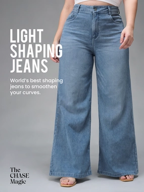 CHASEshape? Light-Blue Wide-Leg High-Rise Stretchable Denim Jeans Garment Dyed Texture Affordable Fashion Lover