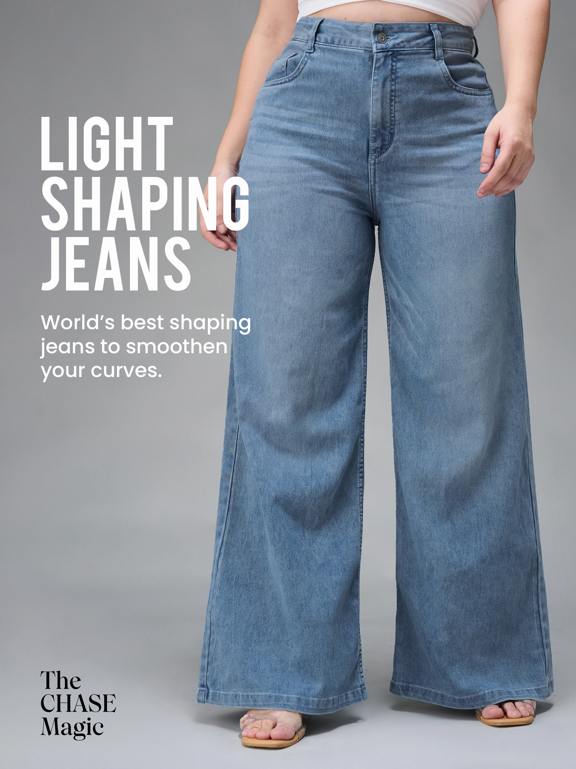 CHASEshape? Light-Blue Wide-Leg High-Rise Stretchable Denim Jeans Garment Dyed Texture Affordable Fashion Lover