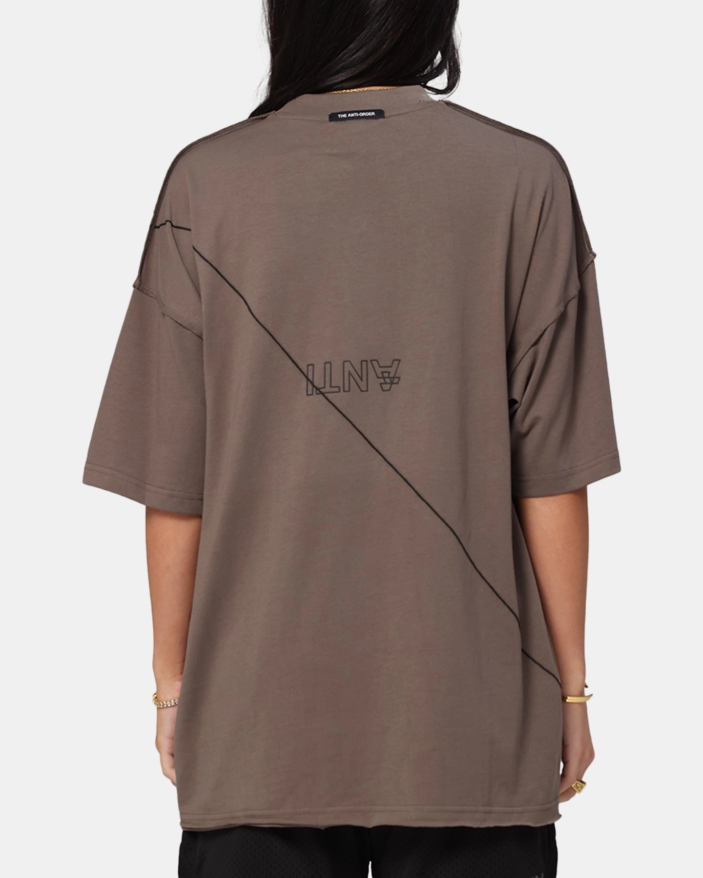 Drop Shoulder Silhouette Reflective Logo Detail The Anti Order XY Aesthetic Non Seam T-Shirt Vintage Brown