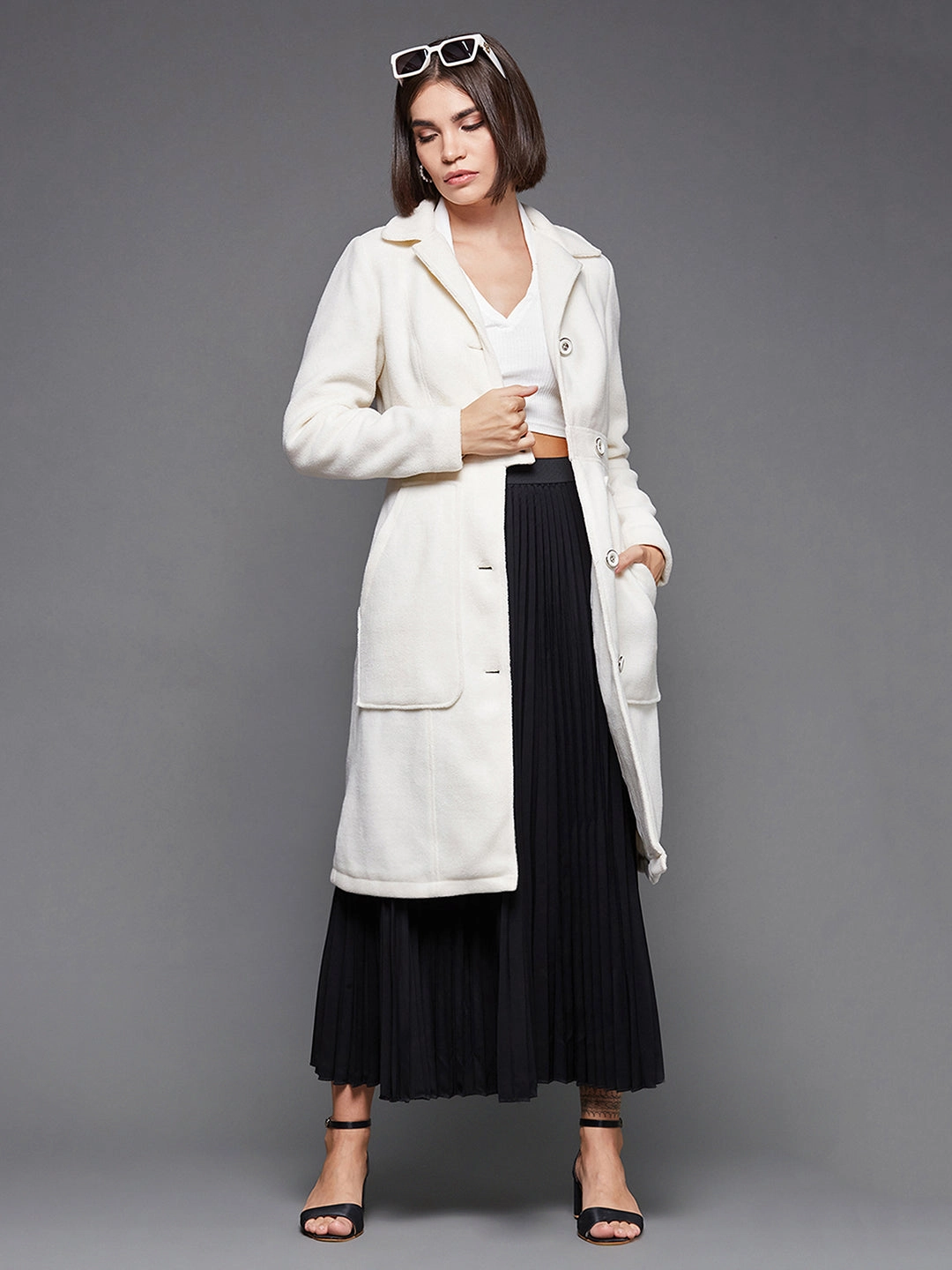 Off White Collar Full Sleeves Pocketed Longline Winter Wear Blazer Jacket Down Filled