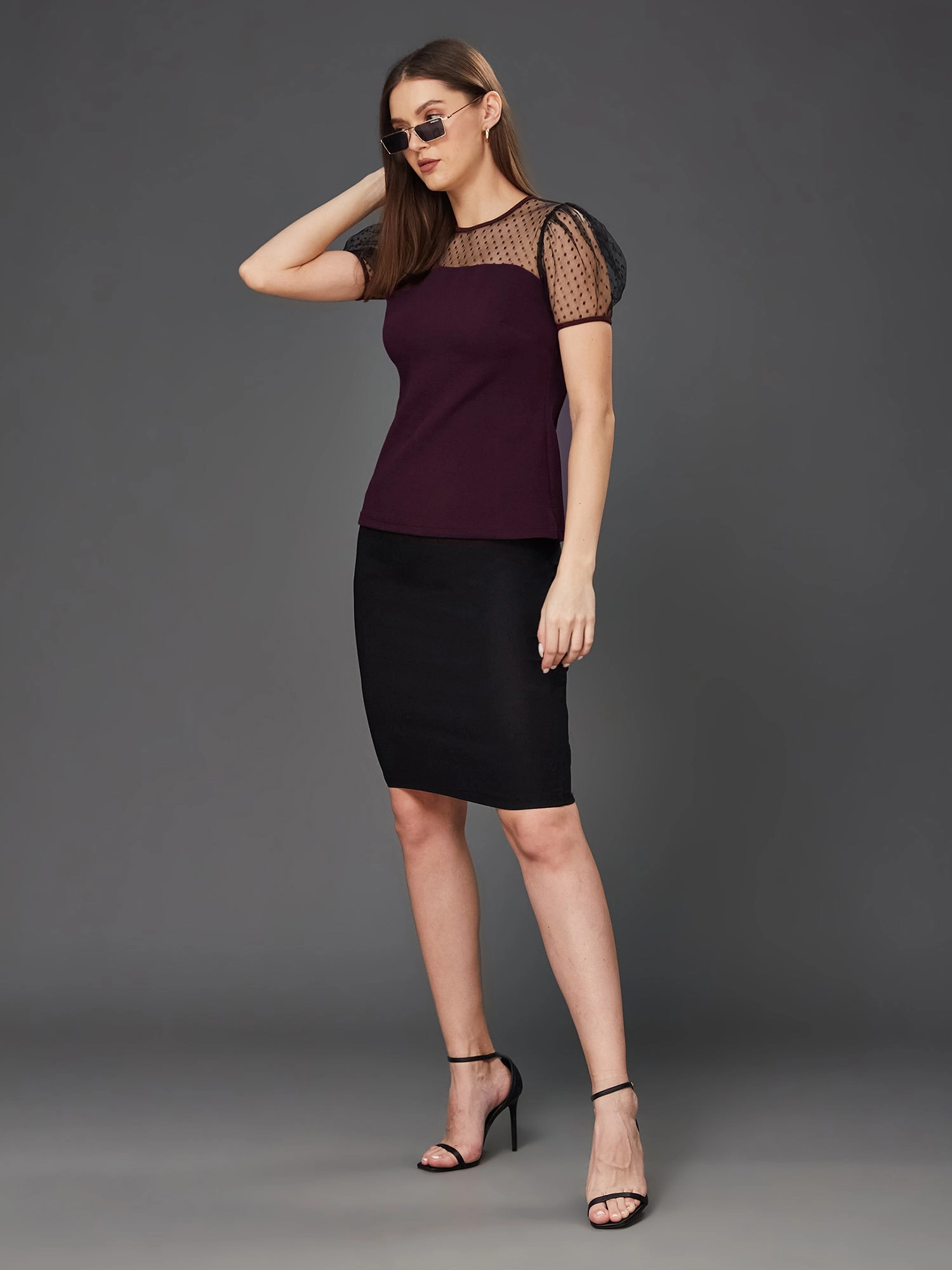 Crease Ease Women's Dark Purple & Black Solid Round Neck Short Sleeve Relaxed Fit Regular Top MinimalistDesign Double Chest Pocket