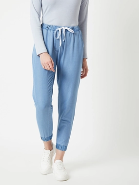 Women's L Blue Regular Length Mid Rise Clean-Look Regular Fit Denim Joggers Work Comfort Comfy Waistband