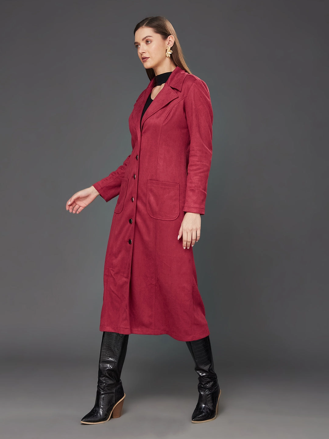 Ergonomic Sleeve Shaping Women's Dark Red Solid V-Neck Full Sleeves Patched Pocketed Polyester Button Down Longline Winter Wear Blazer Jacket