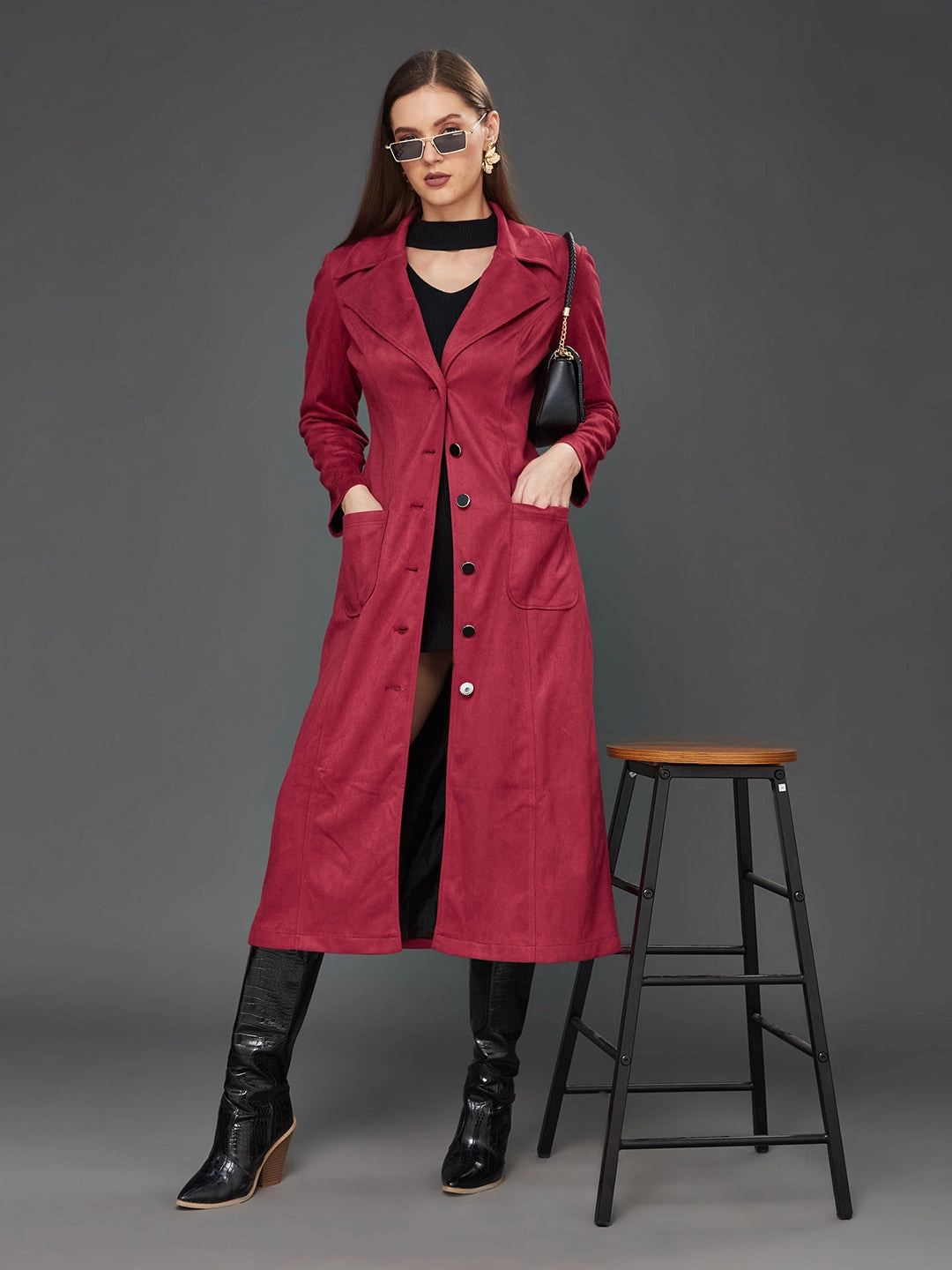 ReversibleStyle Women's Dark Red Solid V-Neck Full Sleeves Patched Pocketed Polyester Button Down Longline Winter Wear Blazer Jacket