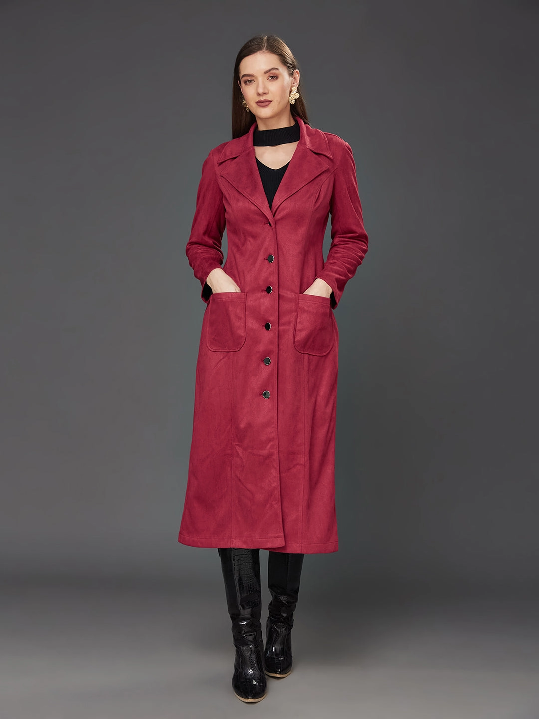 Magnetic Closure Options Women's Dark Red Solid V-Neck Full Sleeves Patched Pocketed Polyester Button Down Longline Winter Wear Blazer Jacket