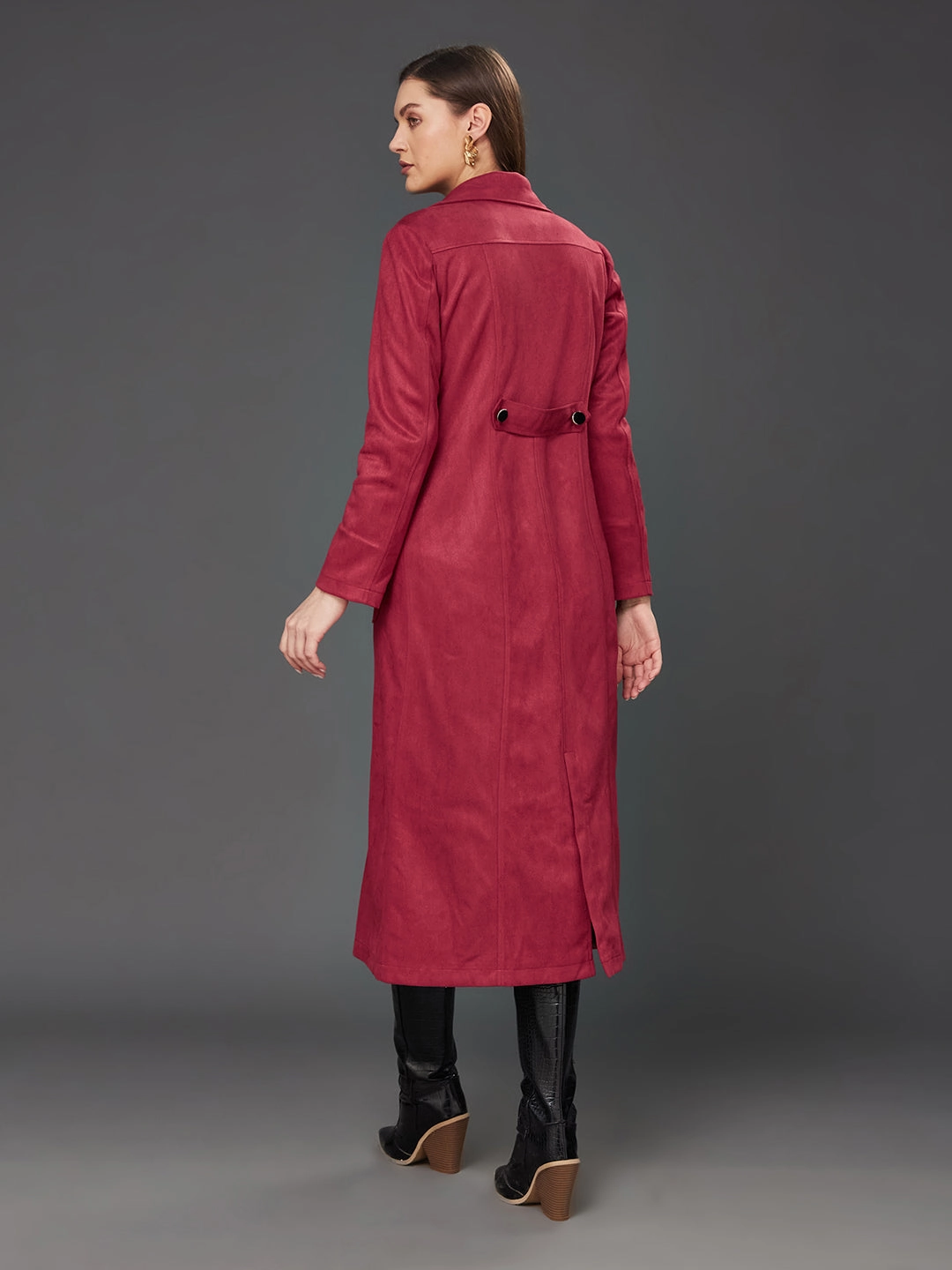 Women's Dark Red Solid V-Neck Full Sleeves Patched Pocketed Polyester Button Down Longline Winter Wear Blazer Jacket Fur Trim snap closure