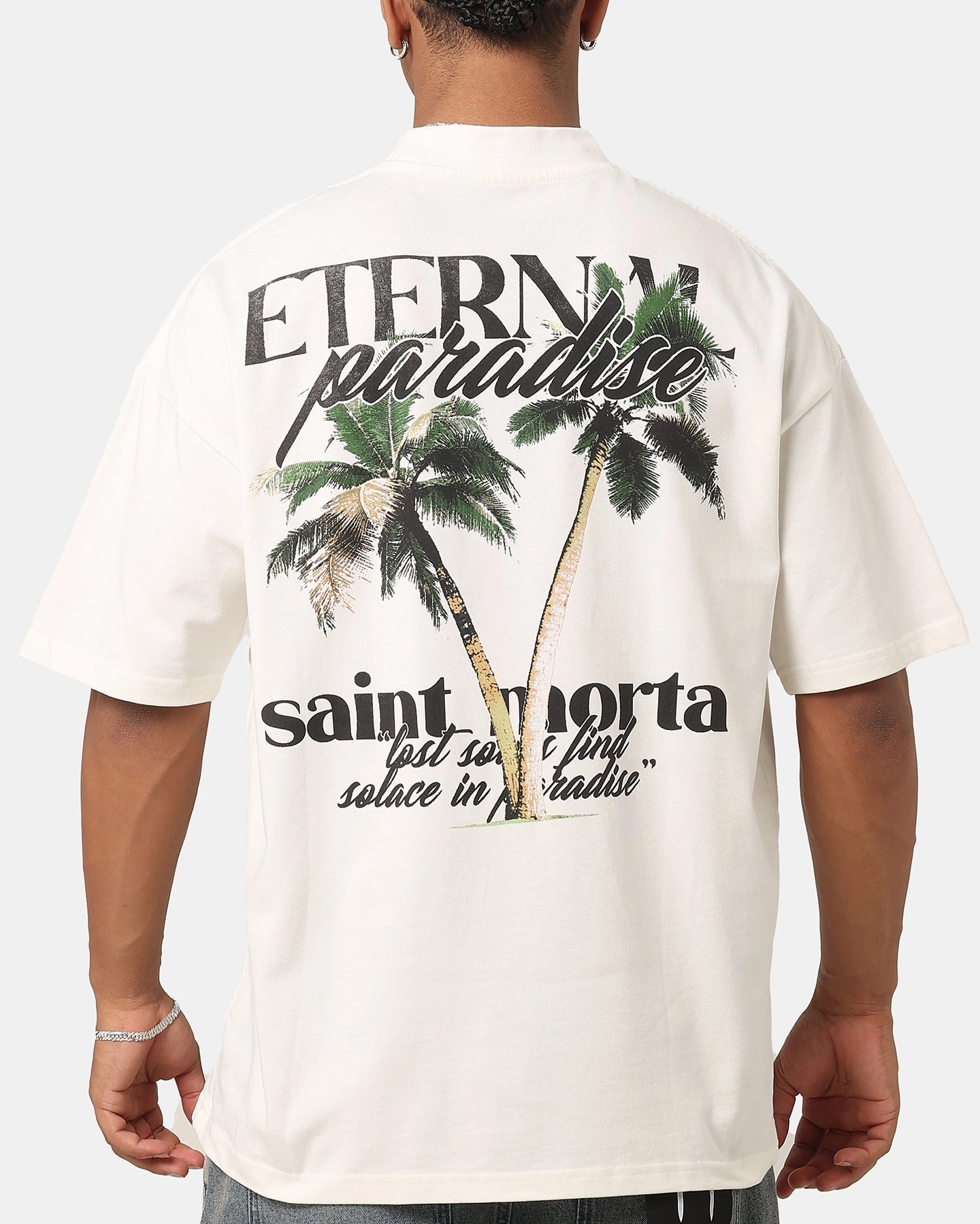 Saint Morta Paradise Mock Neck T-Shirt Off White TwoToneEffect Contrast Stitch Detail