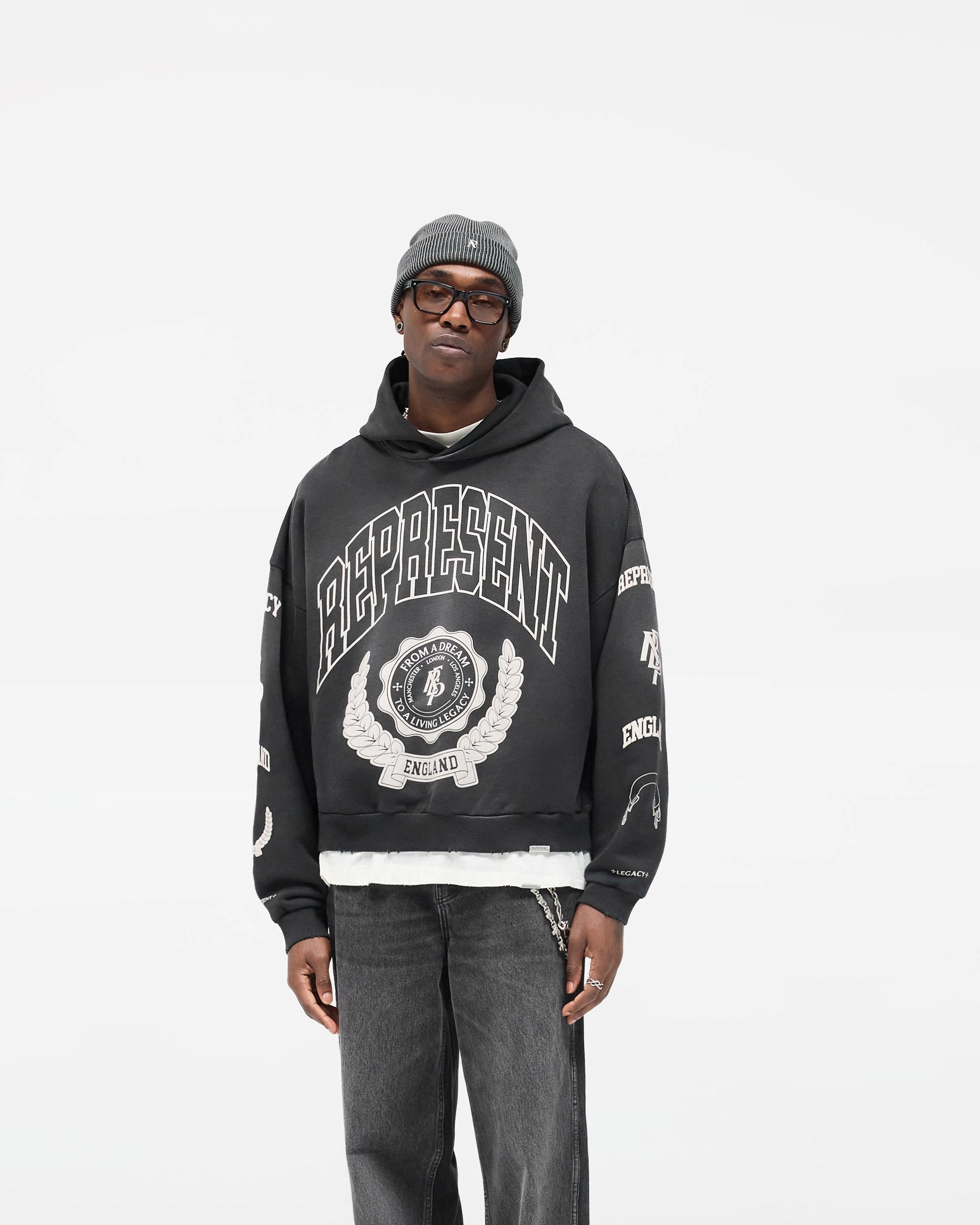 Represent Legacy Crest Hoodie - Stained Black Chill Look