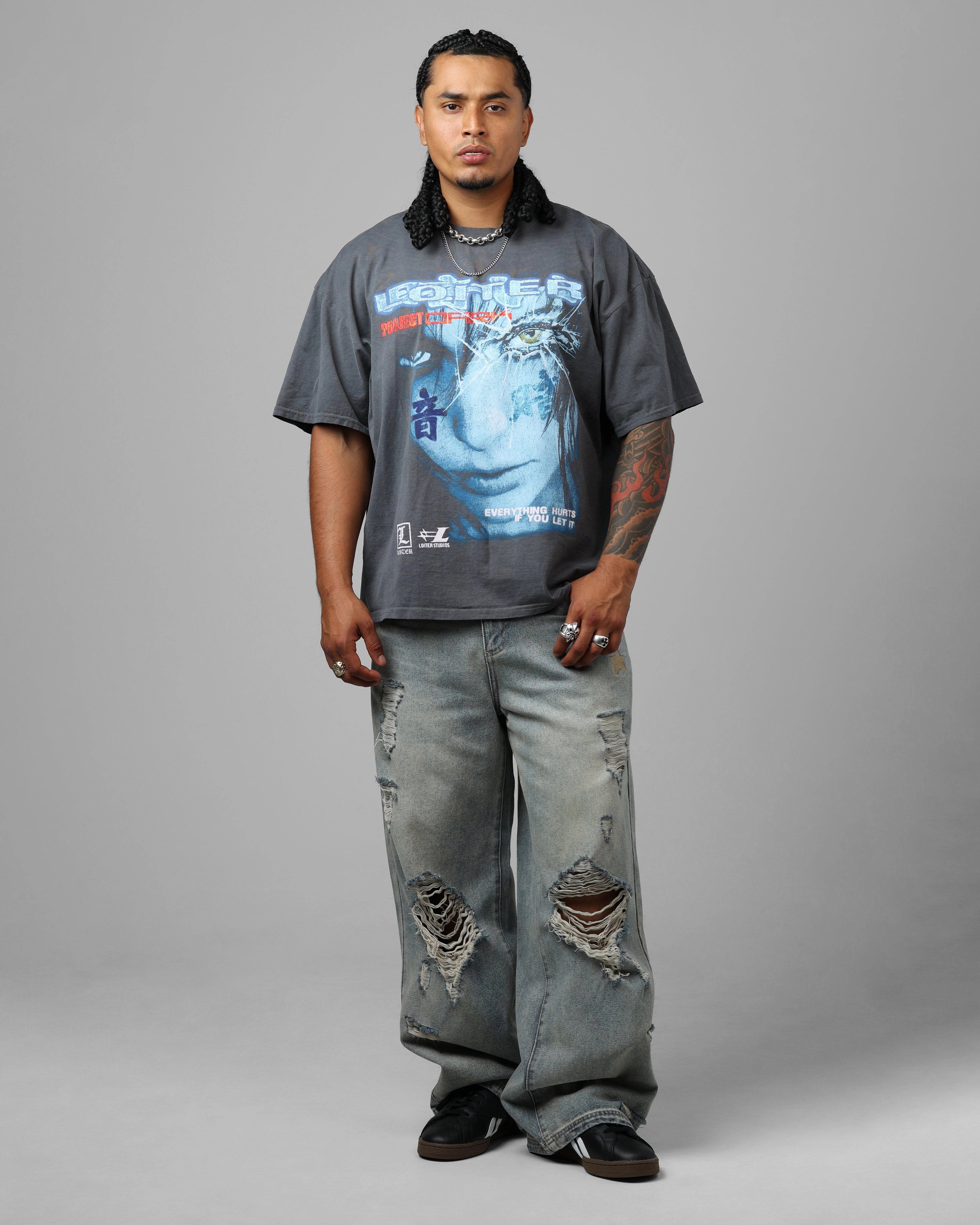 Loiter Project Dark Vintage T-Shirt Washed Charcoal Interlock Knit Double Stitched Seams