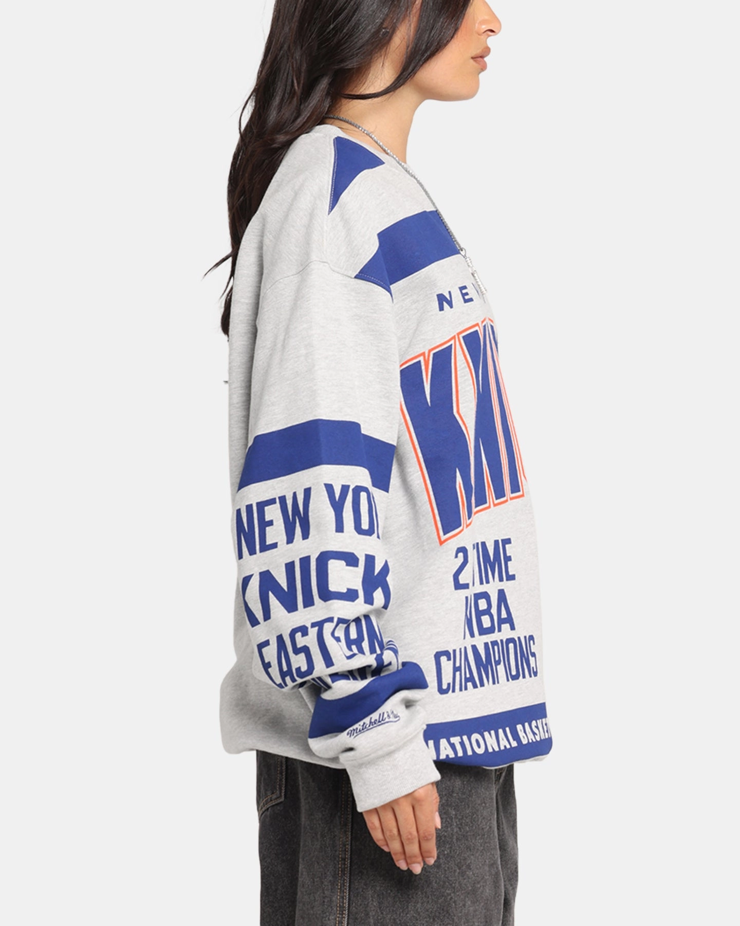 Stretchy Top Adjustable Fit System Mitchell & Ness New York Knicks Letterform Crewneck Grey Marle/Official Team Color