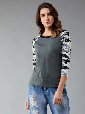 casual top Women's Charcoal grey Round Neck 3/4th Sleeve Printed Basic Regular T-Shirt