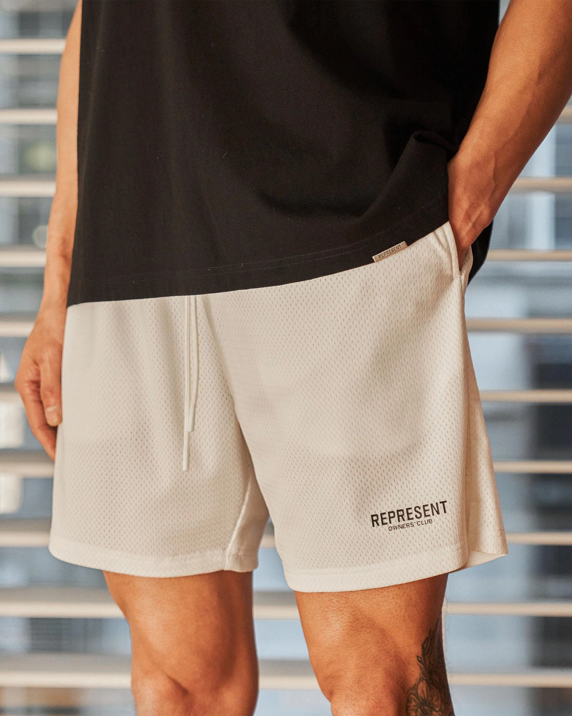 Represent Owners Club Mesh Shorts - Flat White Elastic hem retail industry