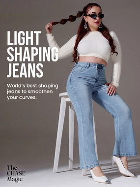 Outfit Ready Style Trendy Evening Stroll CHASEshape? Light Blue High-Rise Clean-Look Regular Stretchable Denim Bootcut Shaping Jeans
