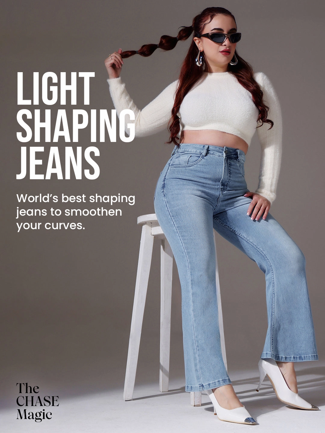 Outfit Ready Style Trendy Evening Stroll CHASEshape? Light Blue High-Rise Clean-Look Regular Stretchable Denim Bootcut Shaping Jeans