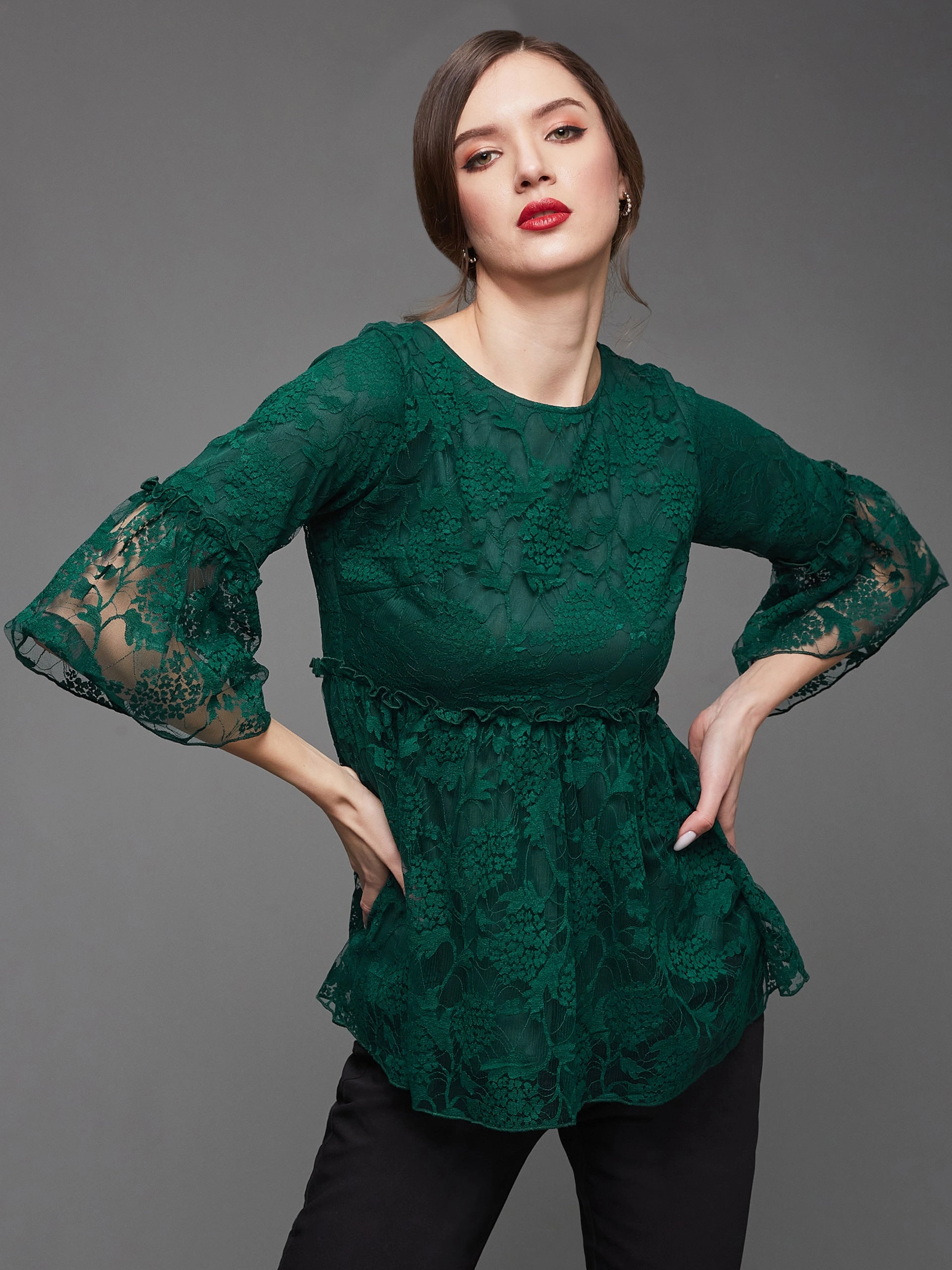 FlexibleLayeredConstruction NonChafingEdges Women's Forest Green Relaxed Fit Regular Lace Top