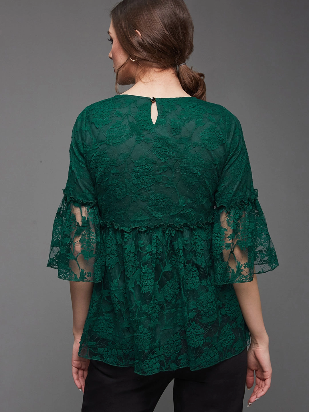 Double Layered Fabric Neutral Tone Stitching Women's Forest Green Relaxed Fit Regular Lace Top