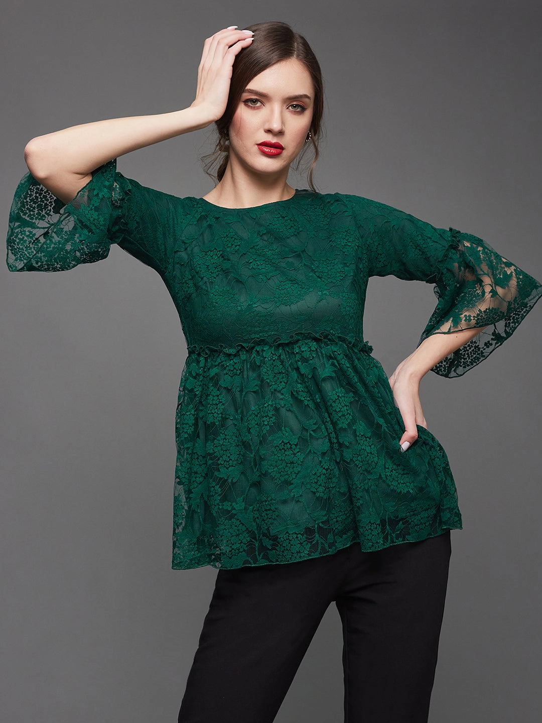 Layered Sleeve Women's Forest Green Relaxed Fit Regular Lace Top