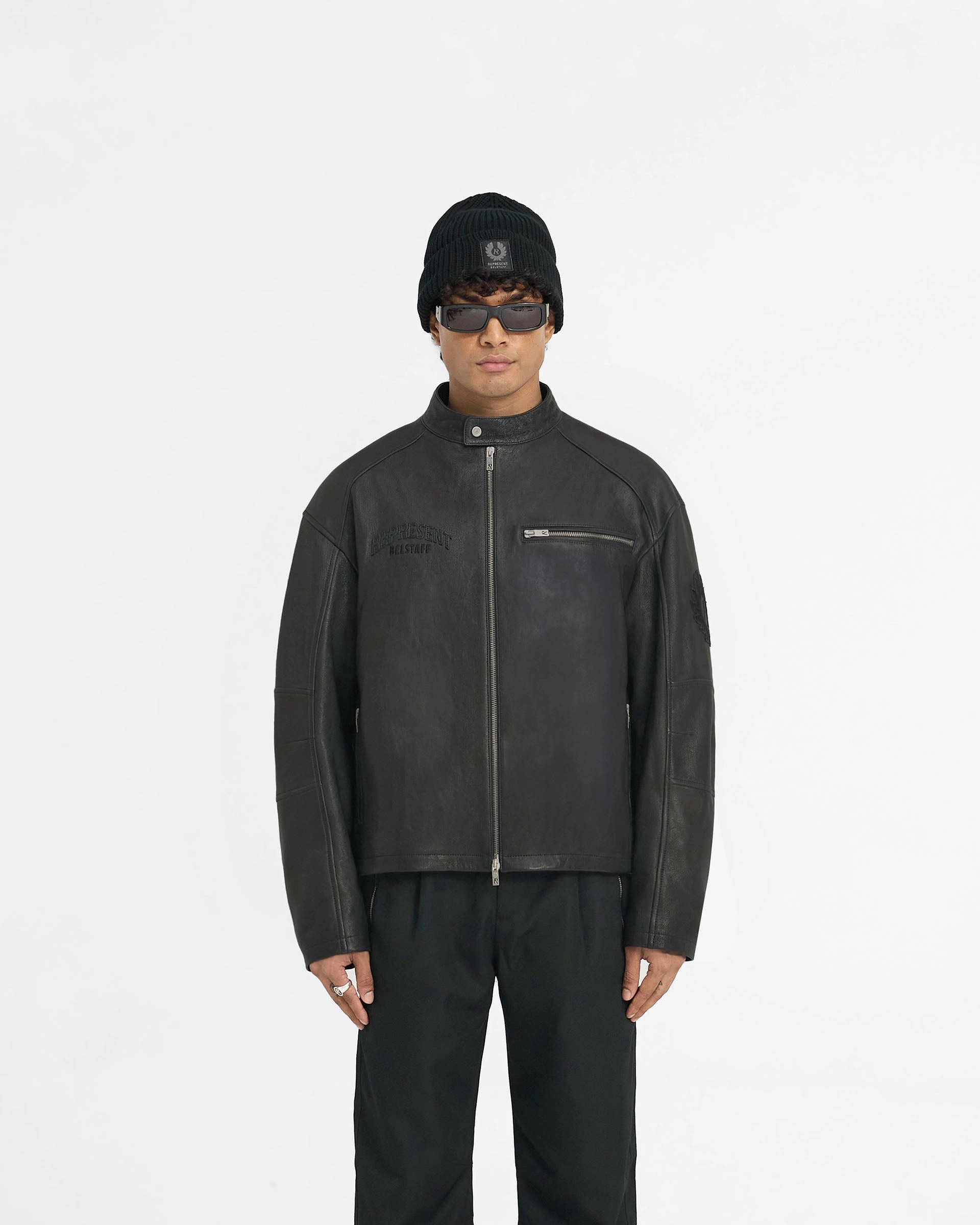 Represent X Belstaff Race Leather Jacket - Black Knee Length Noise Reduction Design