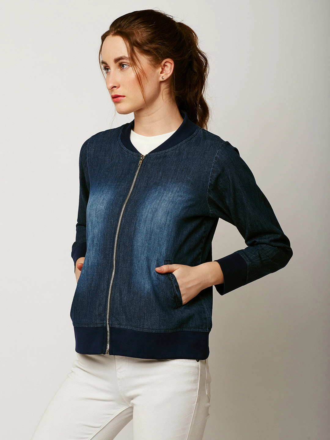 Women's Navy Blue V-Neck Full Sleeve Solid Denim Bomber Jacket Two Way Zipper