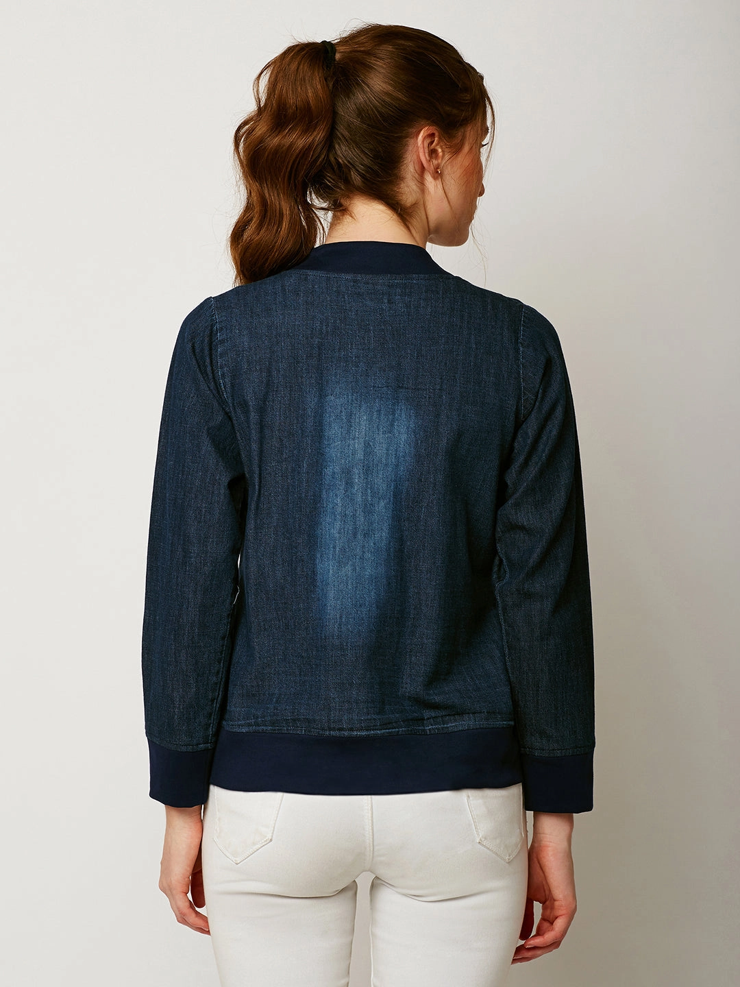 Tear Resistant Weave Women's Navy Blue V-Neck Full Sleeve Solid Denim Bomber Jacket