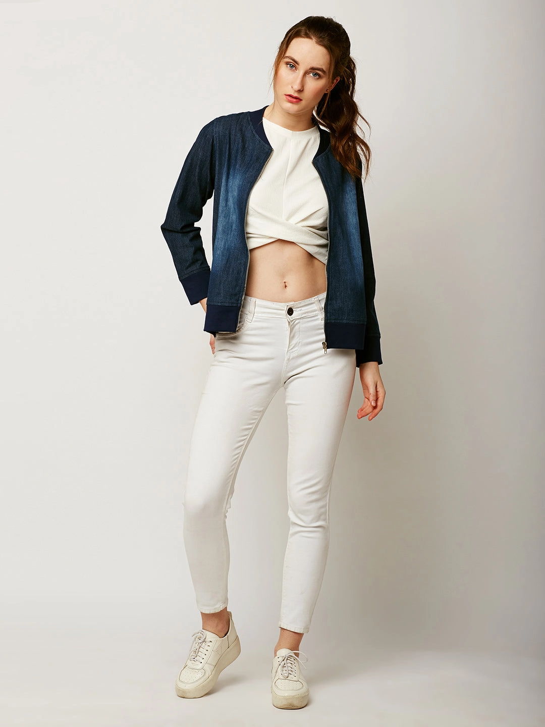 Women's Navy Blue V-Neck Full Sleeve Solid Denim Bomber Jacket Hike Fit