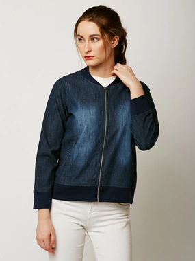 Women's Navy Blue V-Neck Full Sleeve Solid Denim Bomber Jacket Lightweight Waterproof Jacket Breathable fabric