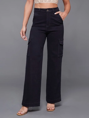 24/7 Comfort Black Wide-Leg High-Rise Stretchable Denim Jeans Motion Ease Travel Outfit Music Event