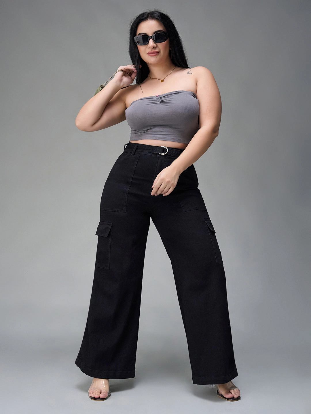 24/7 Comfort Black Wide-Leg High-Rise Stretchable Denim Jeans Heavyweight Denim