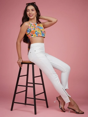 Everyday Use Cool Day Look 24/7 Comfort White Skinny-Fit High-Rise Side-Slit Raw Edge Detailing Cropped Stretchable Denim Jeans