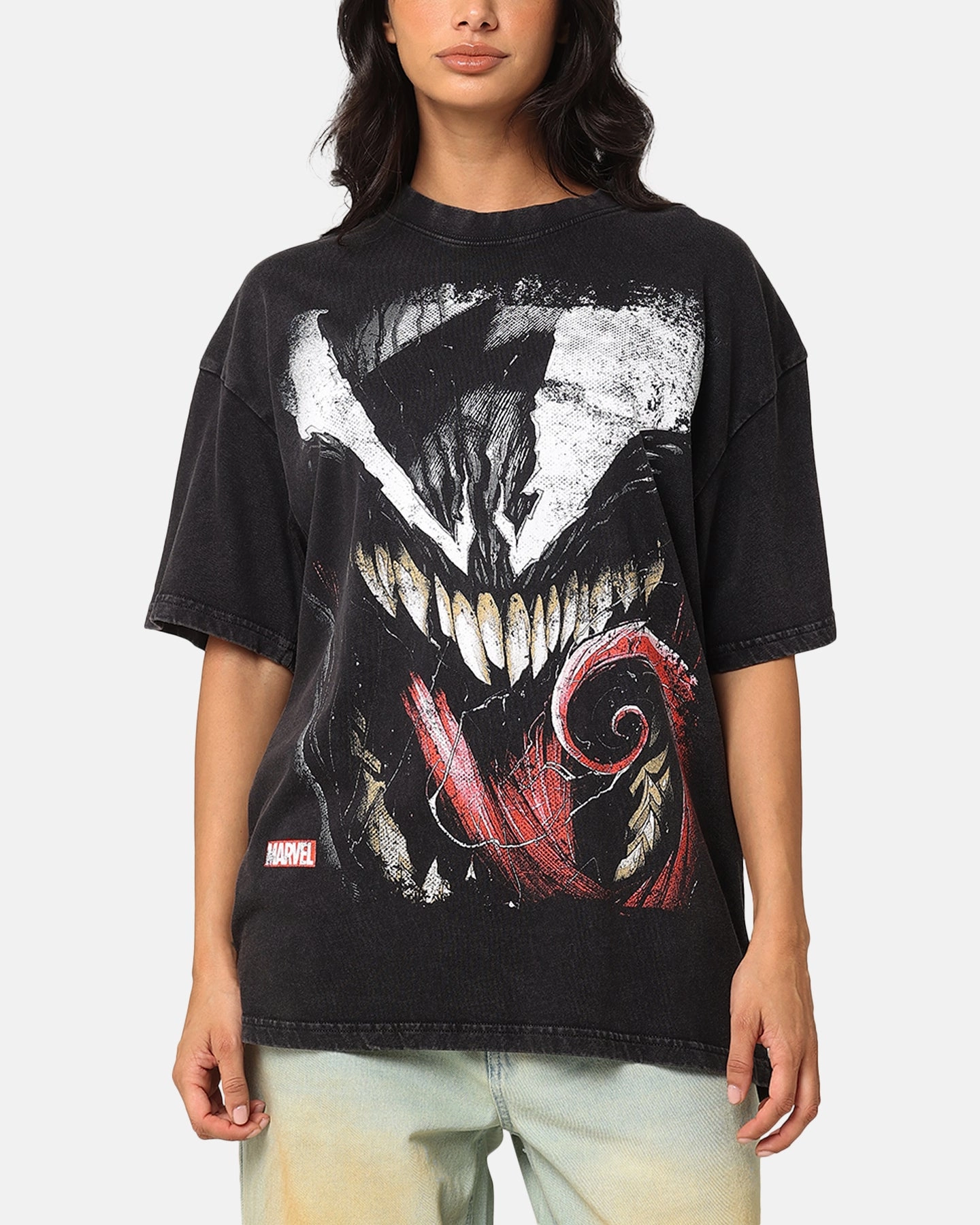 MeshVentilation Breathable Underarm Gussets Goat Crew Marvel Spider-Man Y2K Venom The Host Vintage T-Shirt Black Acidwash