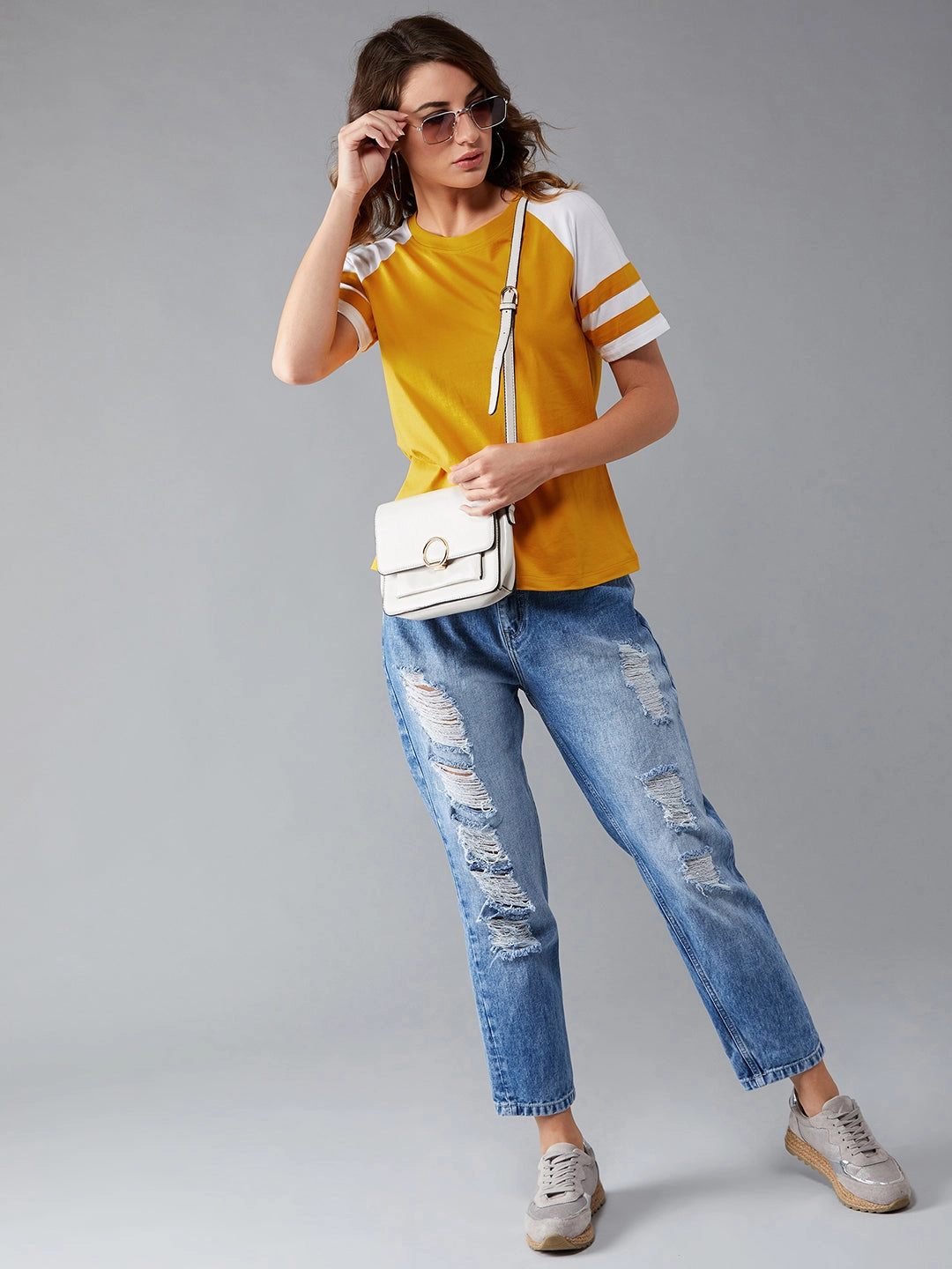 Women's Mustard and white Round Neck Short Sleeve Solid Basic Regular T-Shirt Yarn Dyed Fabric Earthy Tone Colorways