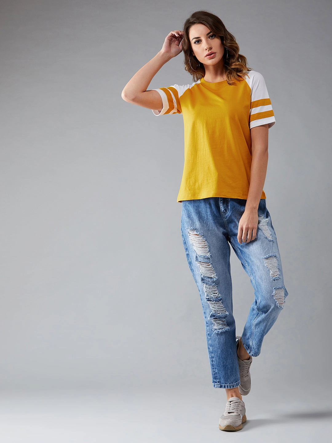 Women's Mustard and white Round Neck Short Sleeve Solid Basic Regular T-Shirt Vintage Hoodie