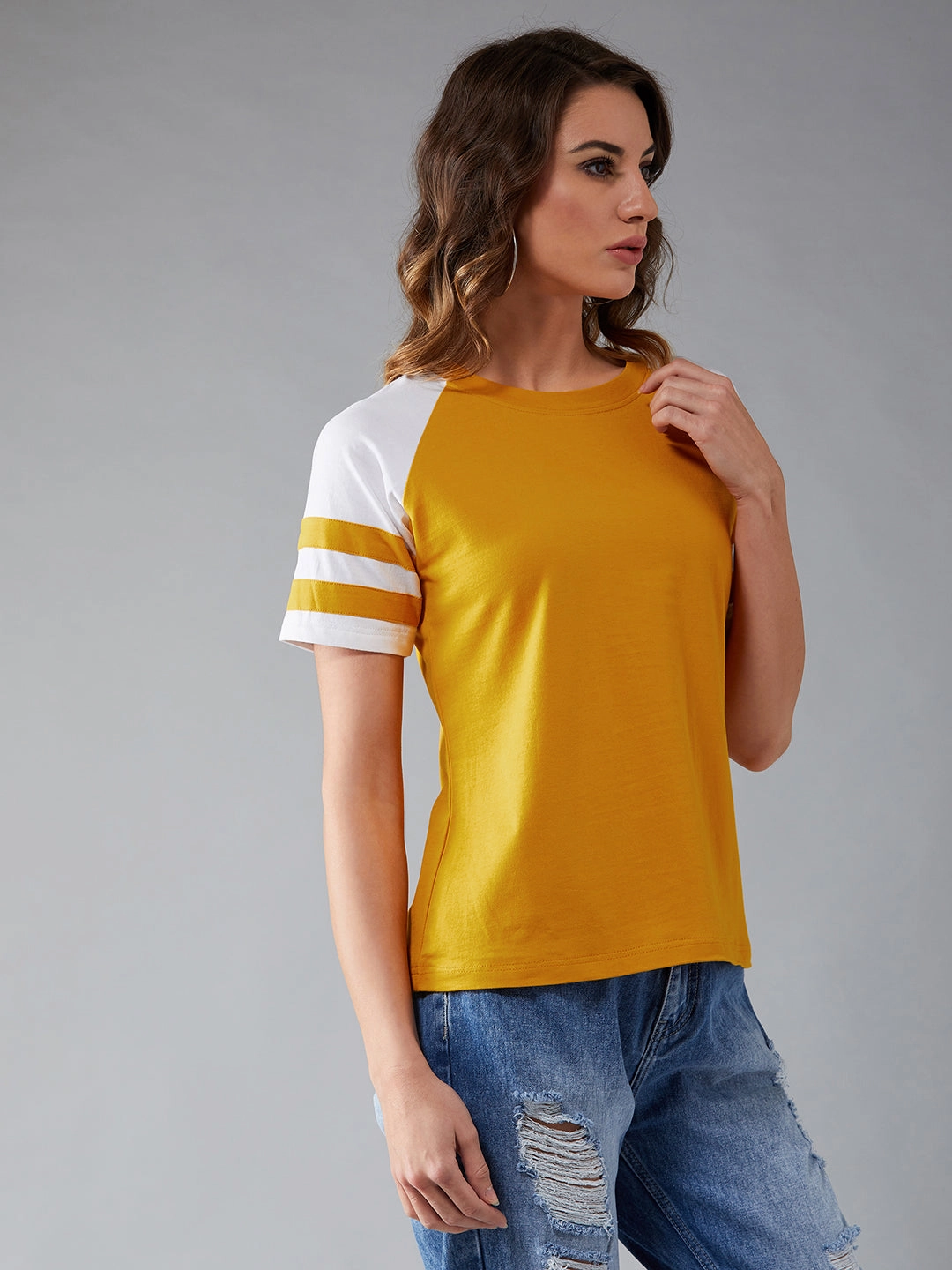 Reversible Layering Tech Torsion Support Structure Women's Mustard and white Round Neck Short Sleeve Solid Basic Regular T-Shirt