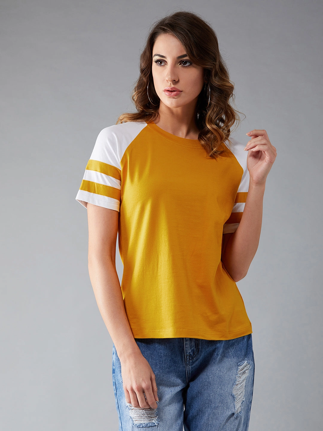 Women's Mustard and white Round Neck Short Sleeve Solid Basic Regular T-Shirt FoamReinforcedCollar