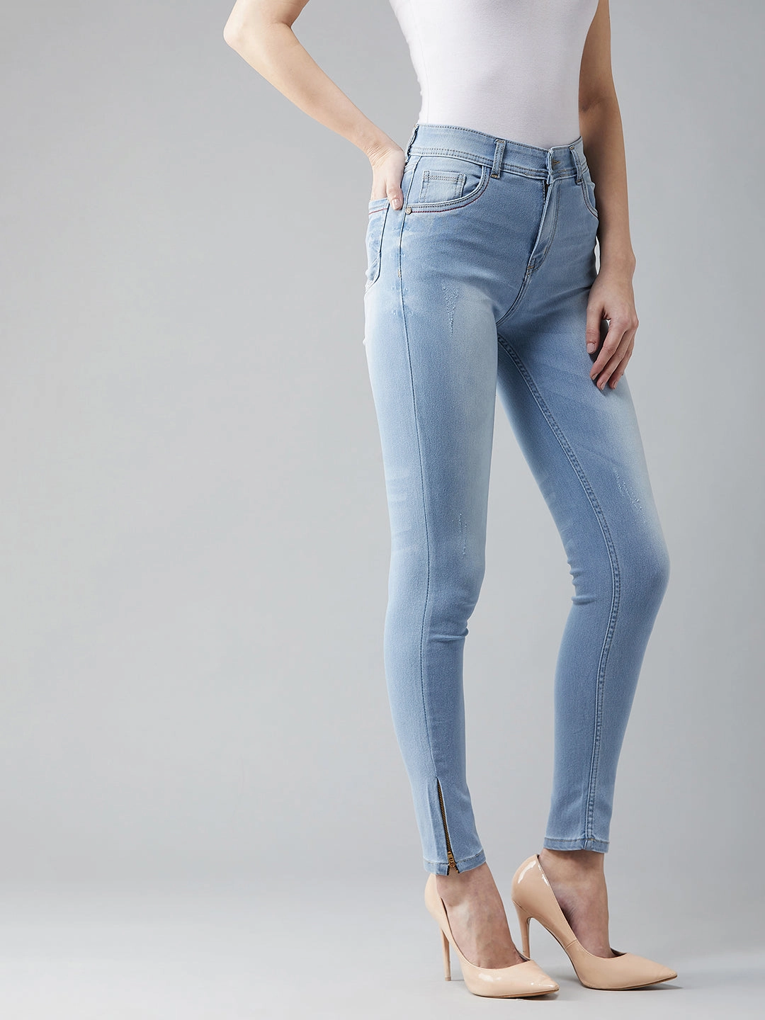Premium Quality Perfect Match 24/7 Comfort Blue Skinny-Fit High-Rise Zipper Detailing Scraped Stretchable Denim Jeans