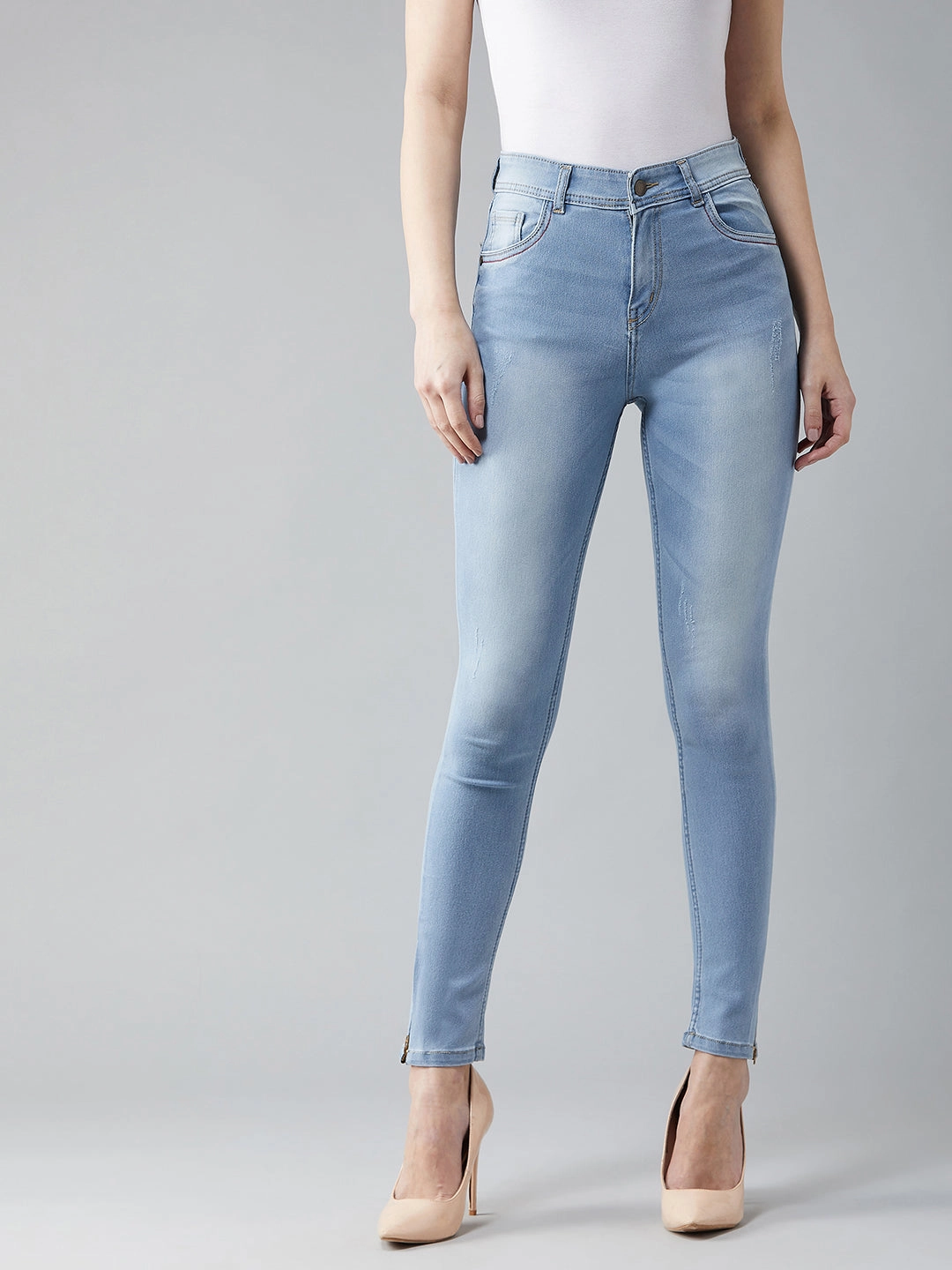 24/7 Comfort Blue Skinny-Fit High-Rise Zipper Detailing Scraped Stretchable Denim Jeans Shopping Day Street Fashion Textured