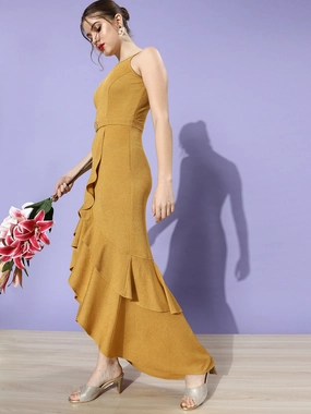 Crease Ease Women's Mustard Halter Neck Sleeveless Knit Halter Neck Solid Dress Perfect Comfort Wear Flattering and Chic